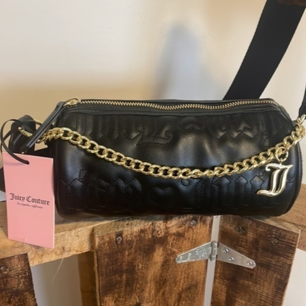 Juicy Couture bag Quilted Black Puff Roll crossbody  NEW faux leather gold chain